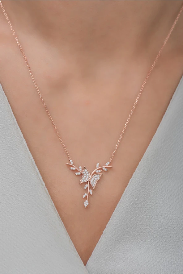 925 Ayar Gümüş Rose Daldaki Kelebek Kolye ürün görseli 1