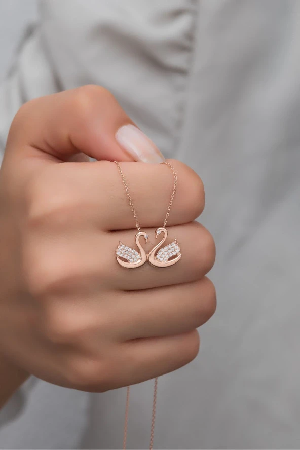 925 Ayar Gümüş Rose Çift Kuğu Kolye ürün görseli 1