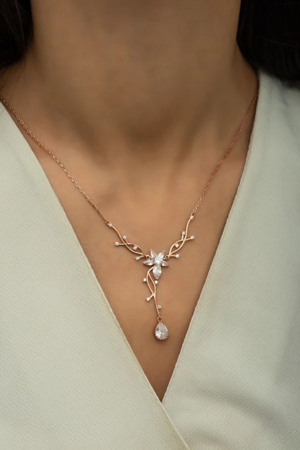 925 Ayar Gümüş Rose Zirkon Damla Taşlı Sarmaşık Kolye ürün görseli 1