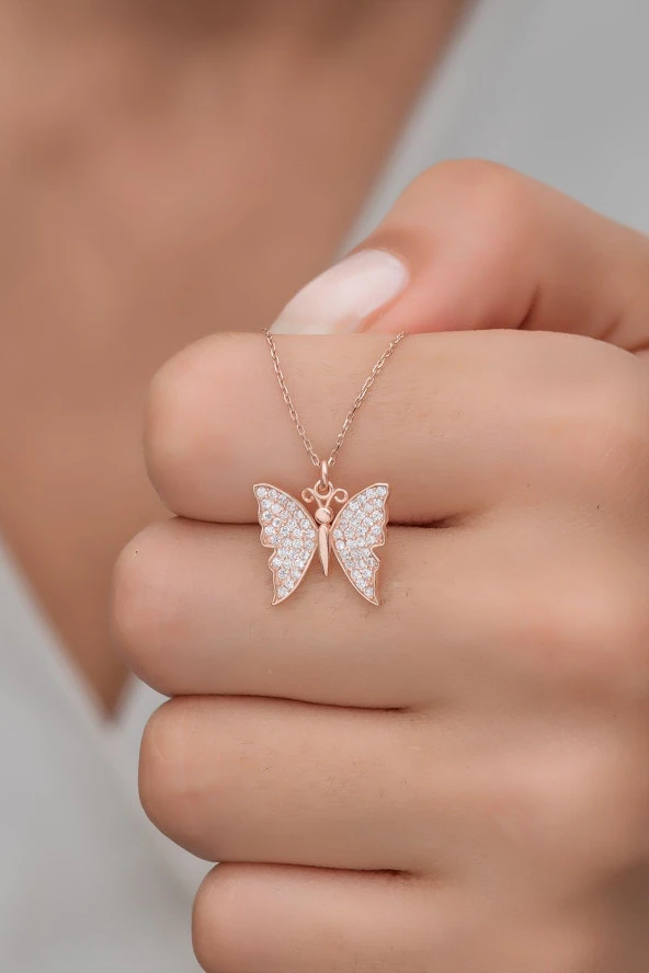 925 Ayar Gümüş Rose Zirkon Taşlı Kelebek Kolye ürün görseli 1