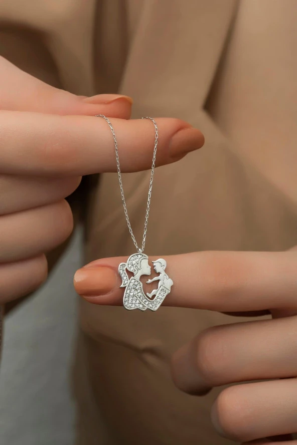 925 Ayar Gümüş Zirkon Taşlı Rodyumlu Anne Bebek Kolye ürün görseli 1