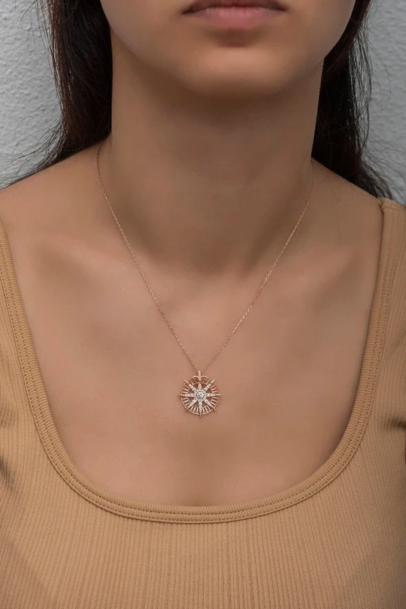 925 Ayar Gümüş Rose Kuzey Yıldızı Kolye ürün görseli 1