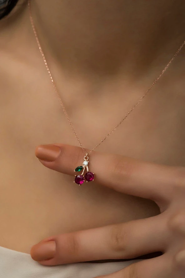 925 Ayar Gümüş Rose Zirkon Taşlı Kiraz Kolye ürün görseli 1