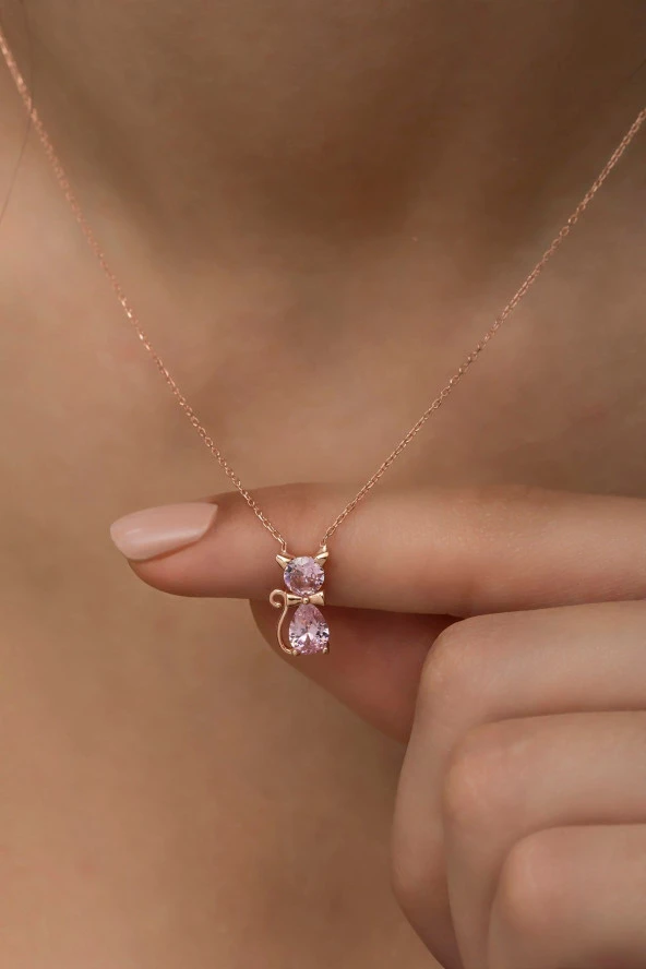 925 Ayar Gümüş Pembe Taşlı Kedi Kolye ürün görseli 1