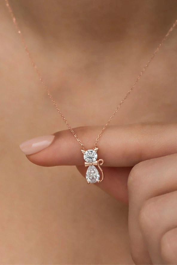 925 Ayar Gümüş Beyaz Zirkon Taşlı Kedi Kolye ürün görseli 1