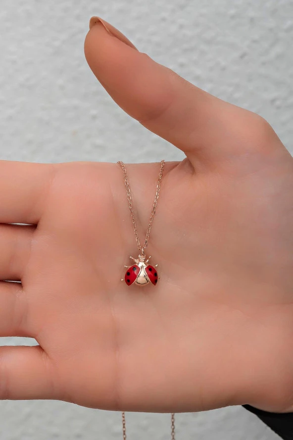 925 Ayar Gümüş Rose Mineli Uğur Böceği Kolye ürün görseli 1