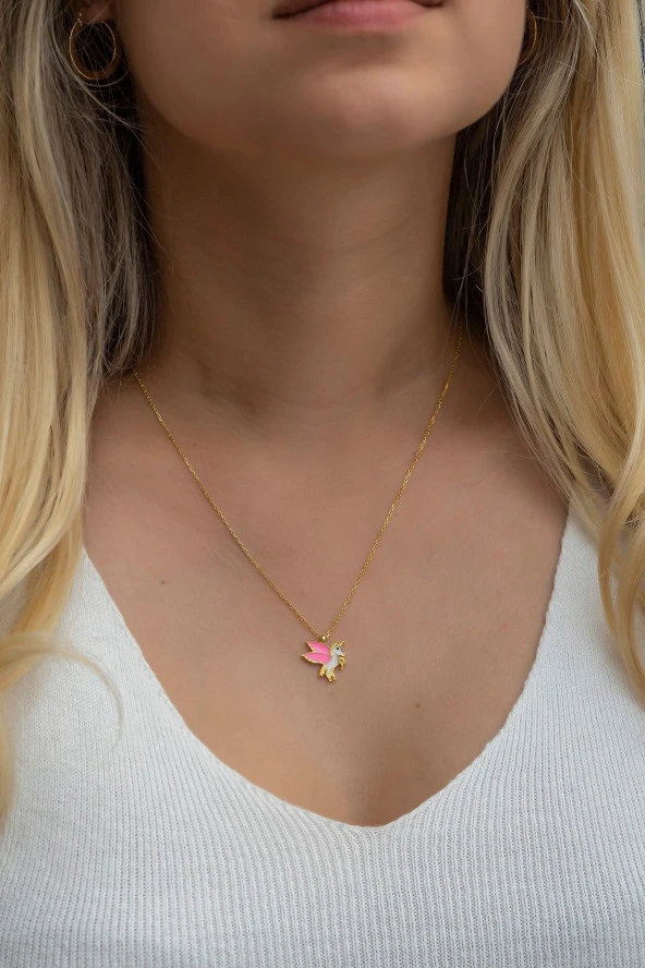 925 Ayar Gümüş Gold Pembe Mineli Unicorn Kolye ürün görseli 1