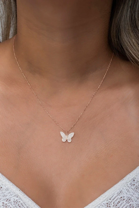 925 Ayar Gümüş Rose Zirkon Taşlı Kelebek Model Kolye ürün görseli 1