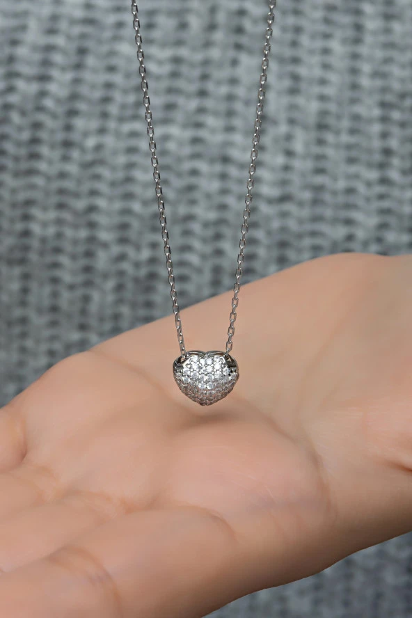 925 Ayar Gümüş Zirkon Taşlı 3 Boyutlu Charm Kalp Kolye ürün görseli 1