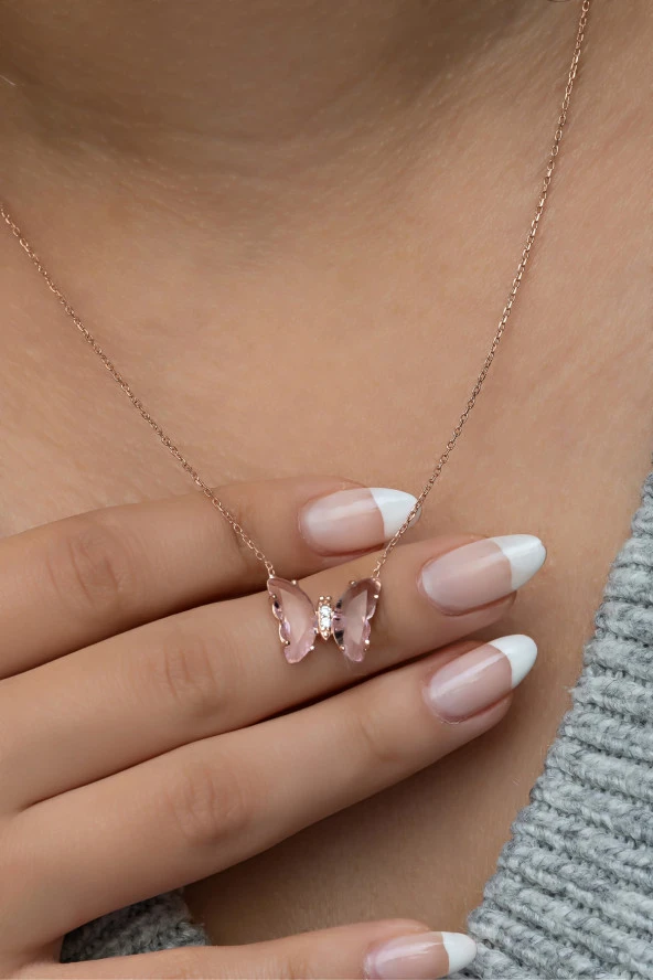 925 Ayar Gümüş Pembe Zirkon Taşlı Kelebek Kolye ürün görseli 1