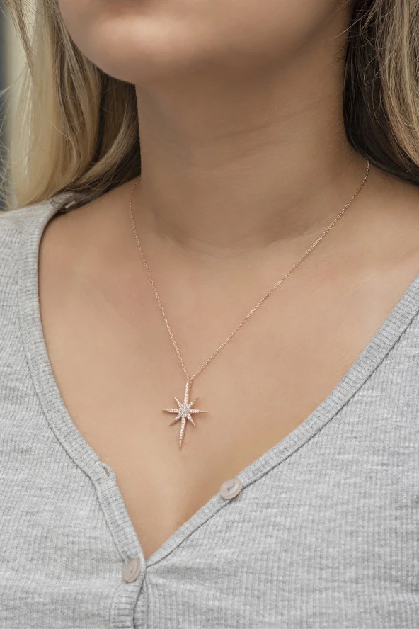 925 Ayar Gümüş Rose zirkon Taşlı Kutup Yıldızı Kolye ürün görseli 1