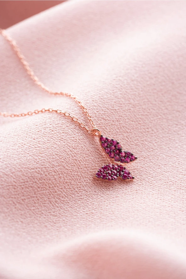 925 Ayar Gümüş Rose Pembe Taşlı Minik Kelebek Kolye ürün görseli 1