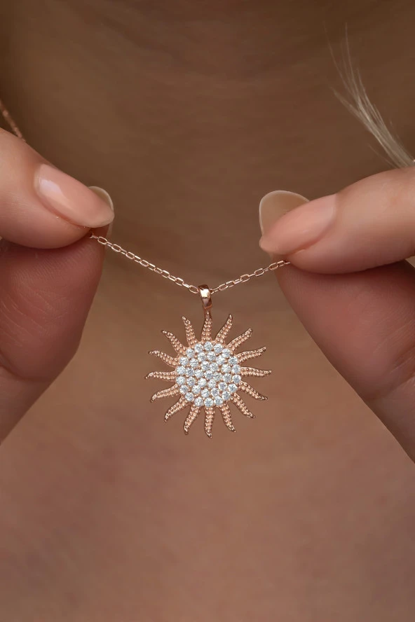 925 Ayar Gümüş Rose Kaplama Zirkon Taşlı Güneş Model Kolye ürün görseli 1
