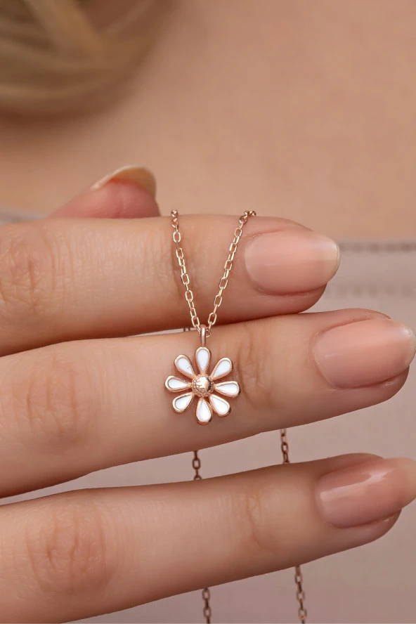 925 Ayar Gümüş Rose Kaplama Minimal Mineli Papatya Kolye ürün görseli 1