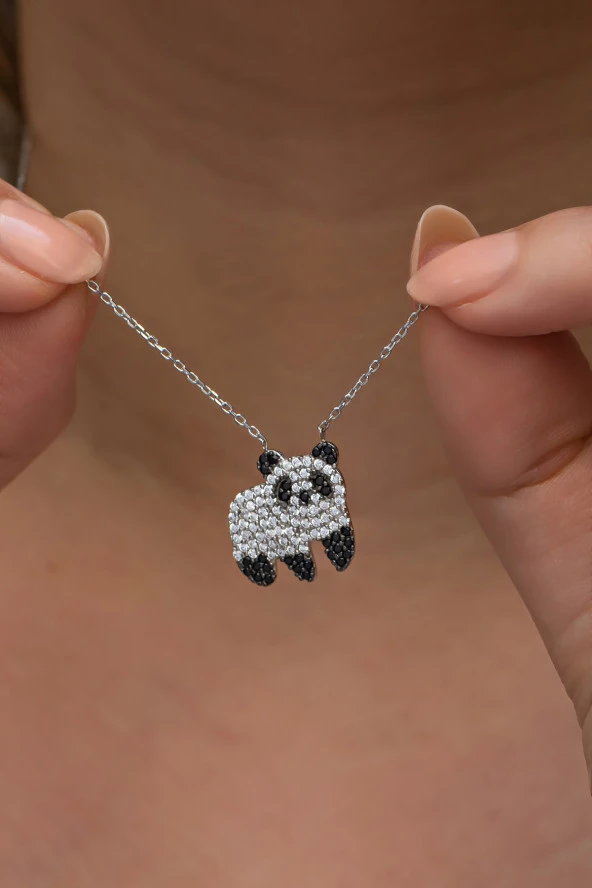 925 Ayar Gümüş Rodyum Kaplama Zirkon Taşlı Panda Kolye ürün görseli 1