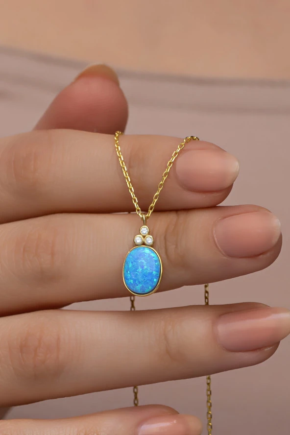 925 Ayar Gümüş Gold Kaplama Oval Mavi Opal Taşlı  Kolye ürün görseli 1