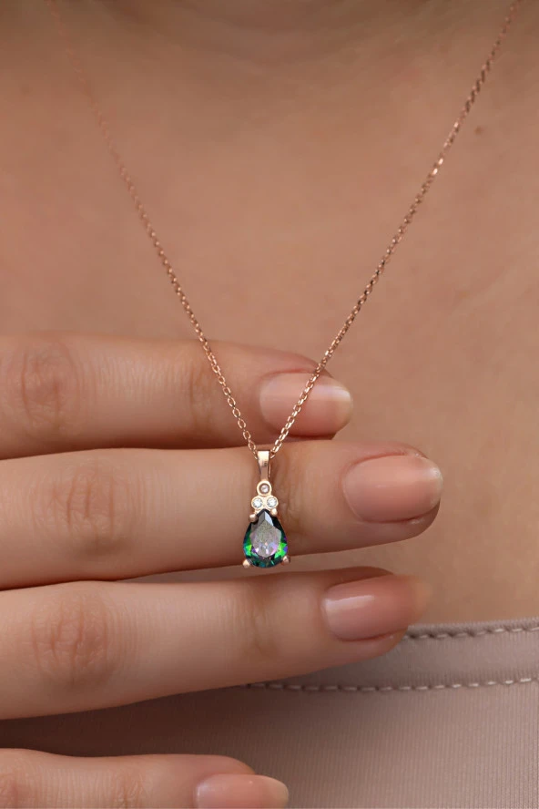 925 Ayar Gümüş Rose Kaplama Mistik Topaz Taşlı Damla Model  Kolye ürün görseli 1