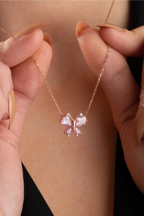 925 Ayar Gümüş Pembe Zirkon Taşlı Yusufcuk Kolye ürün görseli 1