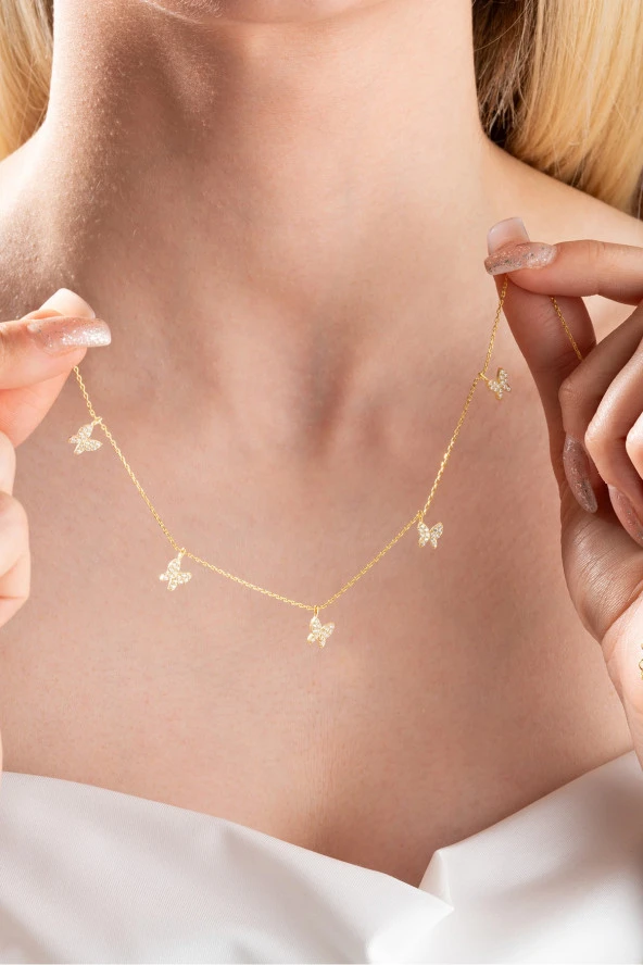 925 Ayar Gümüş Gold Zirkon Taşlı Şans Kelebek  Kolye ürün görseli 1