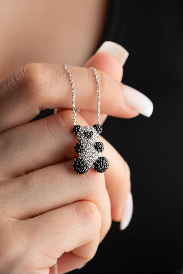 925 Ayar Gümüş Rodyum Kaplama Zirkon Taşlı Panda Kolye ürün görseli 1