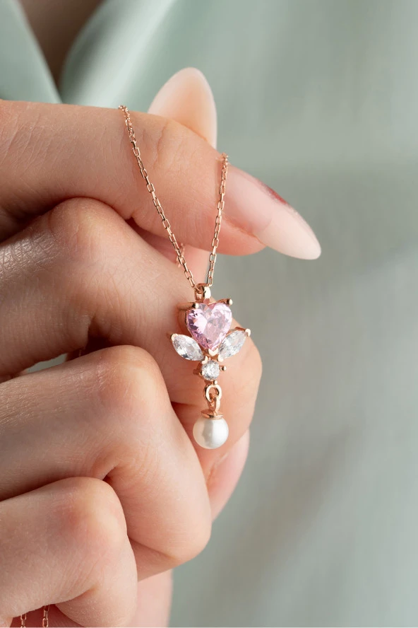 925 Ayar Gümüş Pembe Taşlı İnci Detay Kalp Kolye ürün görseli 1