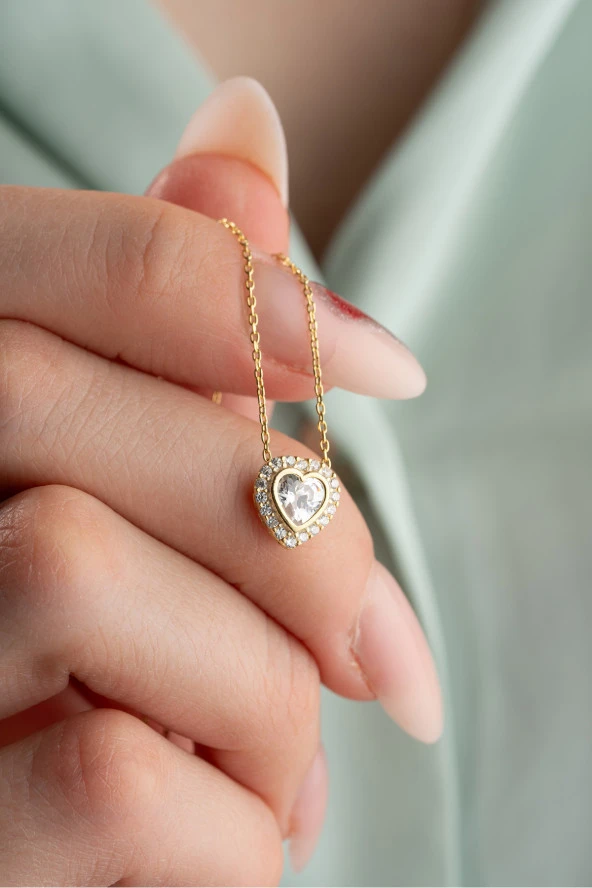 925 Ayar Gümüş Gold Kaplama Beyaz Taşlı Kalp Kolye ürün görseli 1