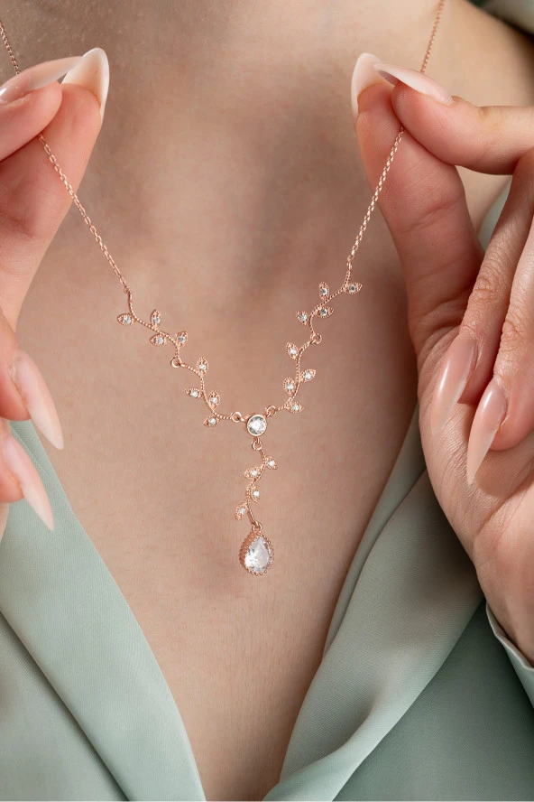 925 Ayar Gümüş Rose Zirkon Damla Taşlı Sarmaşık Kolye ürün görseli 1