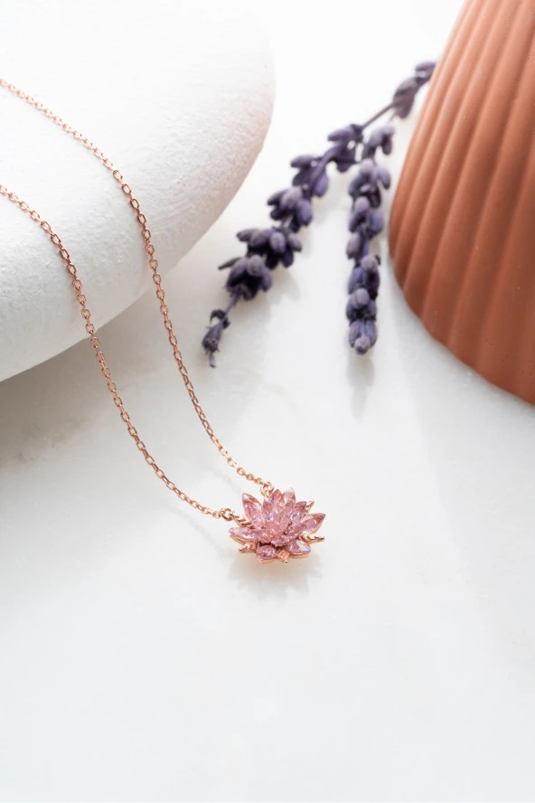 925 Ayar Gümüş Pembe Taşlı Lotus Çiçeği Kolye ürün görseli 1