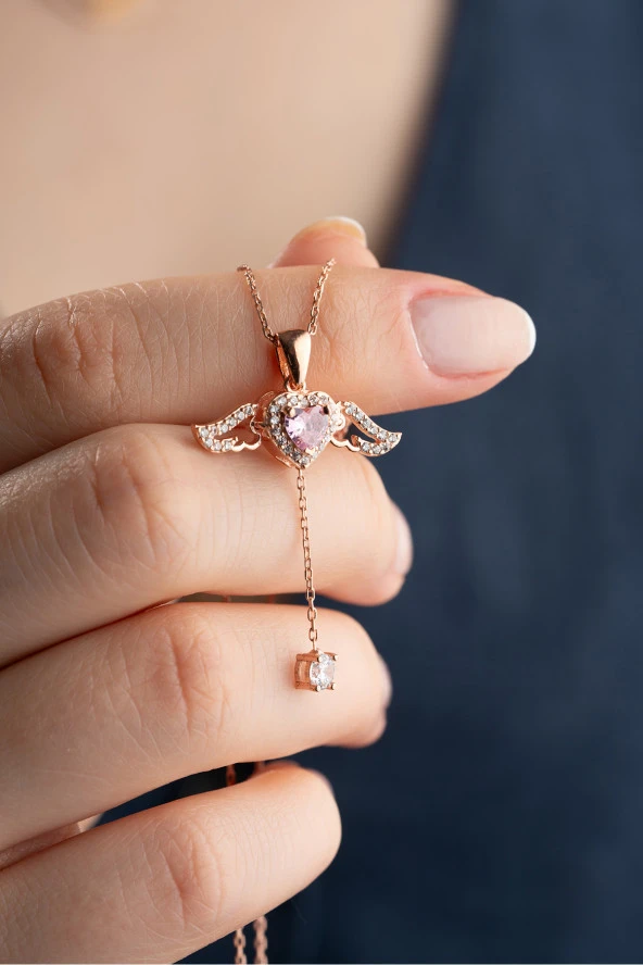 925 Ayar Gümüş Rose Kaplama Hareketli Pembe Taşlı Kanatlı Kalp Kolye ürün görseli 1