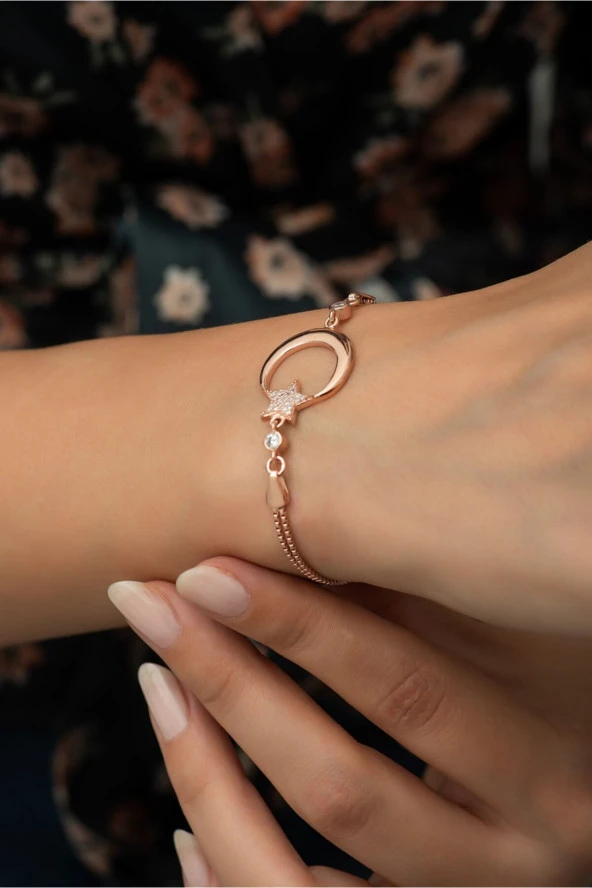 925 Ayar Gümüş Rose Ayyıldız Kadın Gümüş Bileklik ürün görseli 1