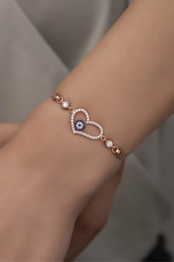 925 Ayar Gümüş Rose Zirkon Taşlı Nazar Kalp Bileklik ürün görseli 1