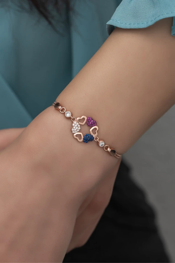 925 Ayar Gümüş Rose Renkli Kalpli Daire Model Bileklik ürün görseli 1