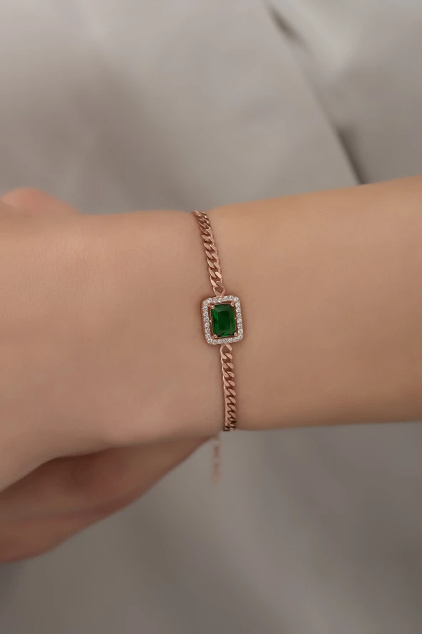 925 Ayar Gümüş Rose Gurmet Zincir Yeşil Tektaş Bileklik ürün görseli 1