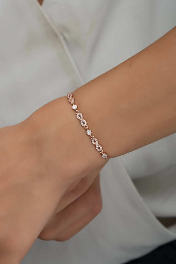 925 Ayar Gümüş Rose 3'Lü Sonsuzluk Model Zirkon Taşlı Bileklik ürün görseli 1