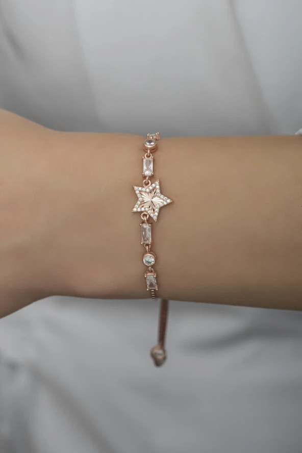 925 Ayar Gümüş Asansörlü Baget Taşlı Rose Yıldız Bileklik ürün görseli 1