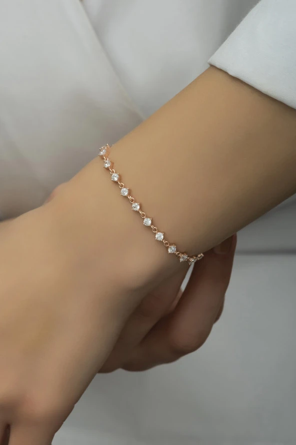 925 Ayar Gümüş Rose Sıralı 3 mm Beyaz Taşlı Bileklik ürün görseli 1