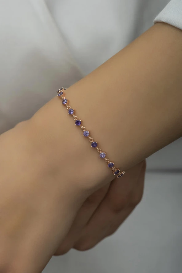 925 Ayar Gümüş Rose Sıralı 3 mm Mor Taşlı Bileklik ürün görseli 1