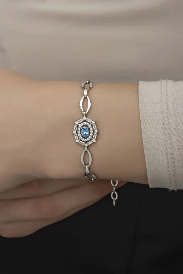 925 Ayar Gümüş Rodyumlu Hallow Model Aquamarin Taşlı Bileklik ürün görseli 1