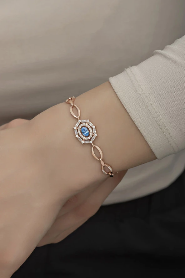 925 Ayar Gümüş Hallow Model Aquamarin Taşlı Bileklik ürün görseli 1