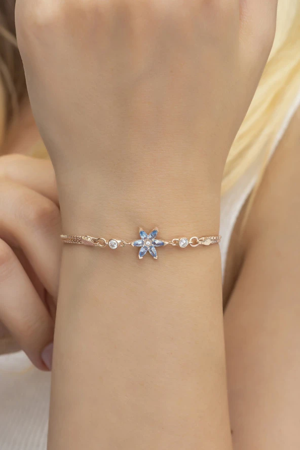 925 Ayar Aquamarin Taşlı Lotus Çiçeği Gümüş Bileklik ürün görseli 1