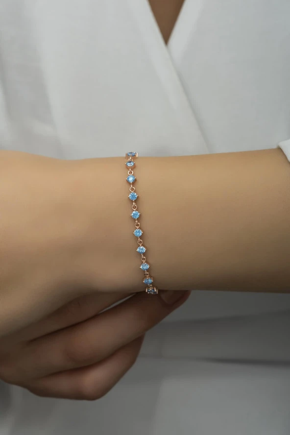 925 Ayar Gümüş Rose Sıralı 3 mm Aquamarin Taşlı Bileklik ürün görseli 1