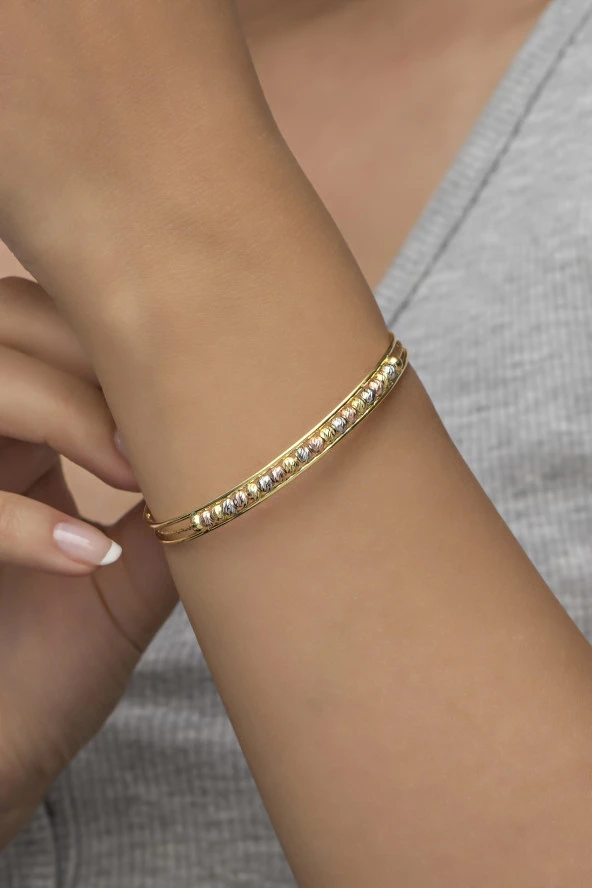 925 Ayar Minik Dorika Toplu Tasarım Gold 3 Sıra Bileklik Gümüş Bilezik ürün görseli 1