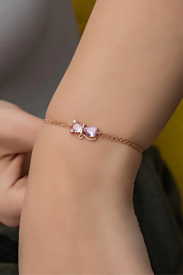 925 Ayar Gümüş Pembe Taşlı Kedi Bileklik ürün görseli 1
