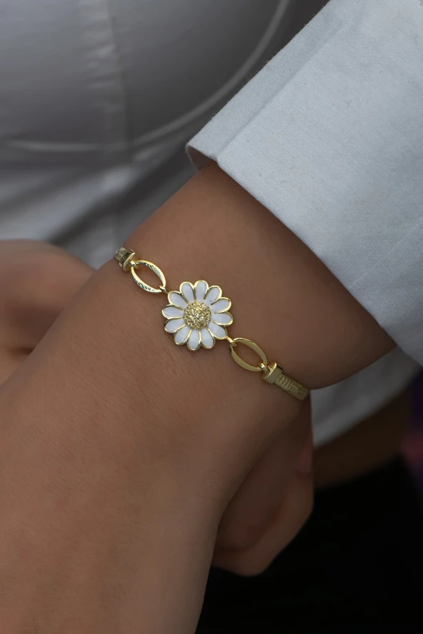 925 Ayar Gümüş Gold Kaplama Balık Sırtı Model Papatya Bileklik ürün görseli 1