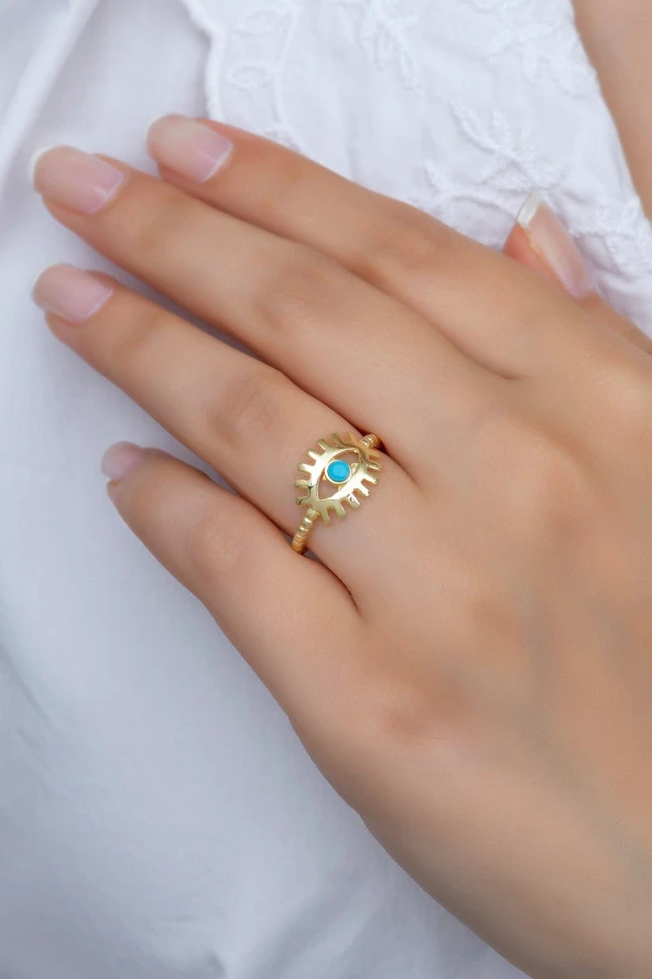 925 Ayar Ayarlanabilir Gold Opal Taşlı Göz Gümüş Yüzük ürün görseli 1