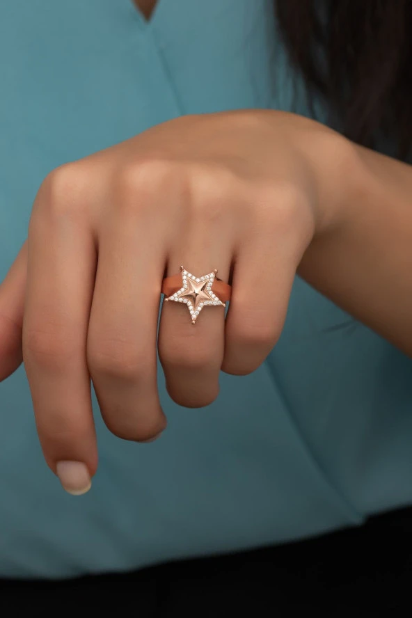 925 Ayar Ayarlanabilir Rose Zirkon Taşlı Yıldız Gümüş Yüzük ürün görseli 1