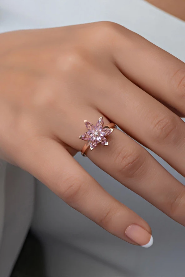 925 Ayar Gümüş Ayarlanabilir Pembe Taşlı Lotus Çiçeği Yüzük ürün görseli 1