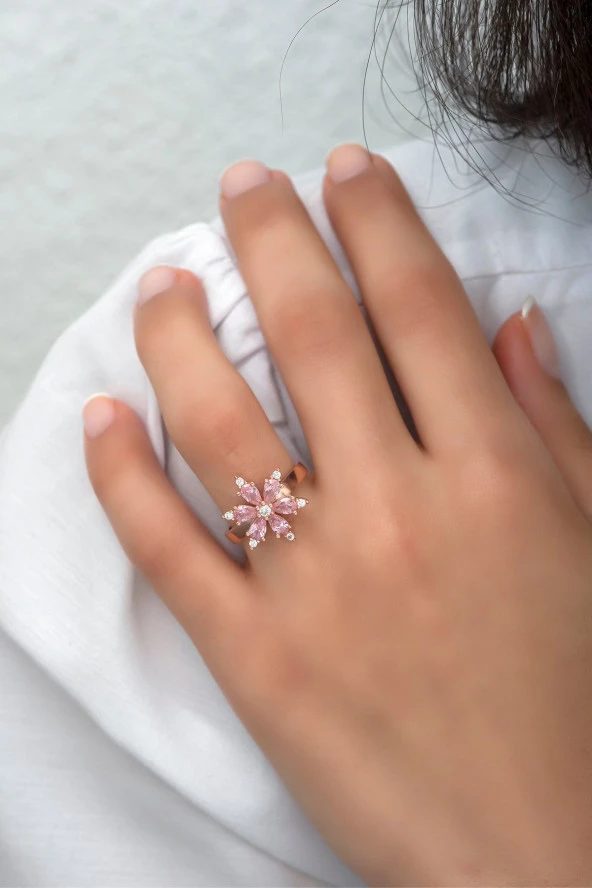 925 Ayar Gümüş Ayarlanabilir Pembe Taşlı Çiçek Yüzük ürün görseli 1