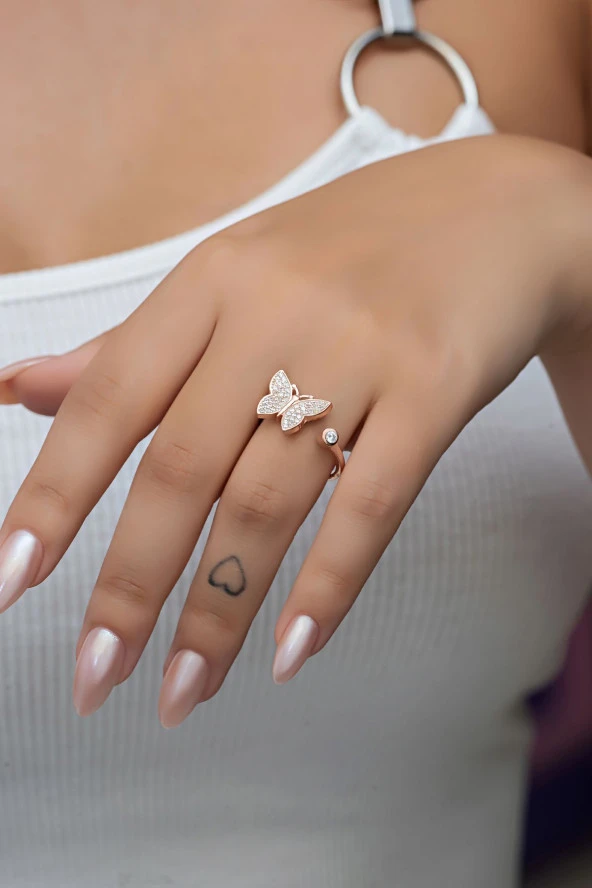 925 Ayar Gümüş Ayarlanabilir Rose Kelebek Yüzük ürün görseli 1