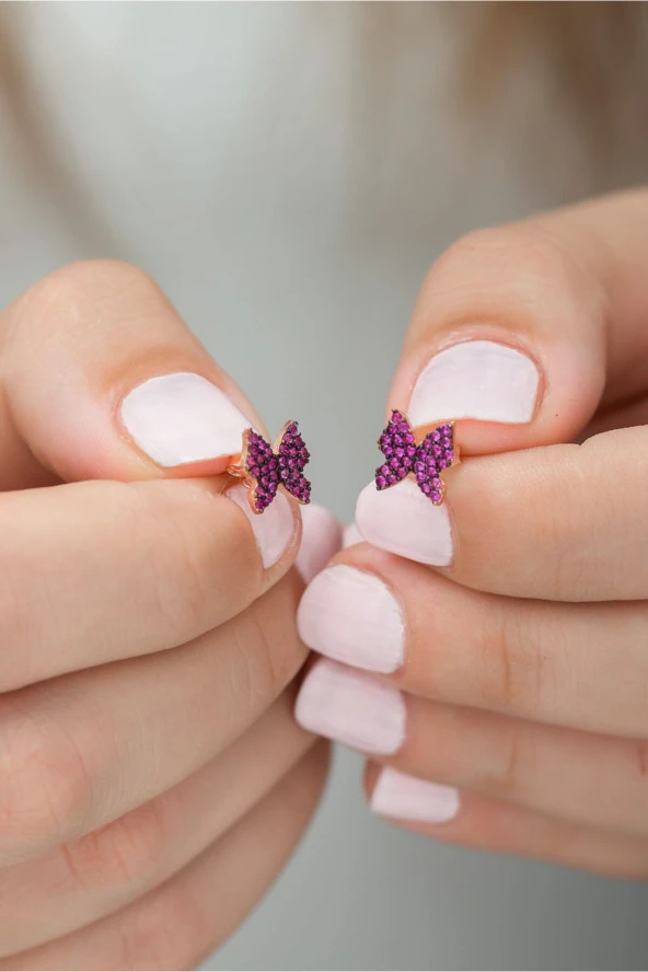925 Ayar Pembe Minik Kelebek Küpe Kadın Gümüş Küpe ürün görseli 1